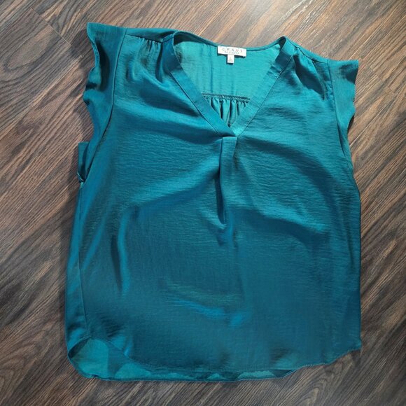 CHAUS, New York Jade Green Classic Style Satin Tunic Blouse SIZE L - Picture 7 of 7